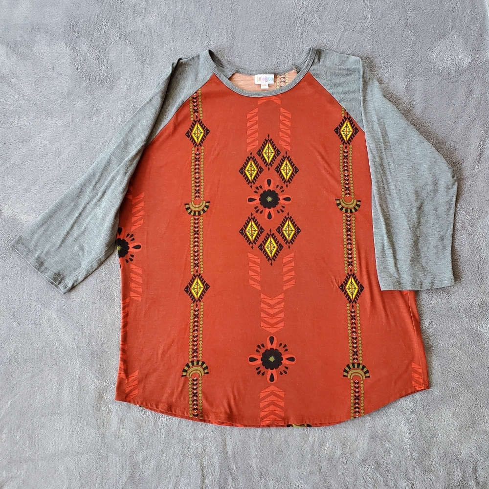 LuLaRoe Orange Yellow Floral Gray Quarter Length Sleeve T-Shirt
